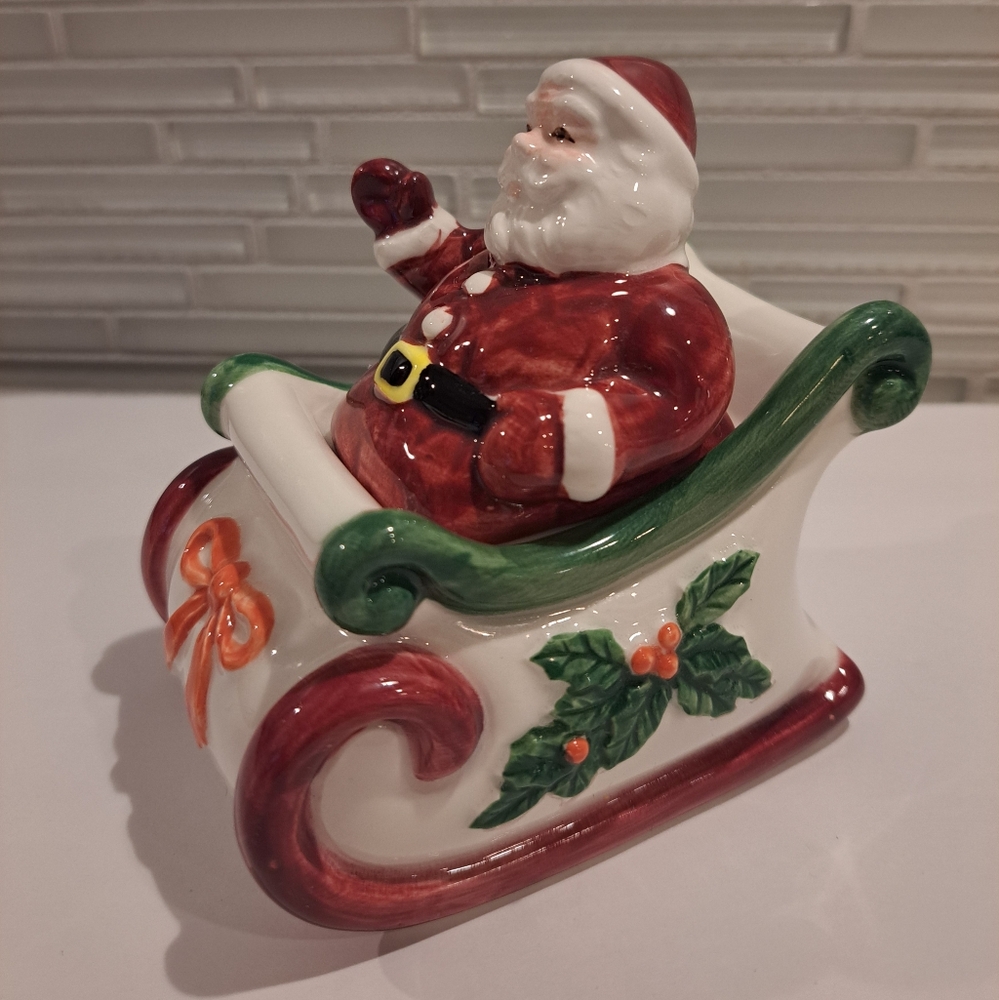 Vtg Otagiri Santa in Sleigh Sugar Bowl Mary Ann Baker Hand Painted Japan W Spoon